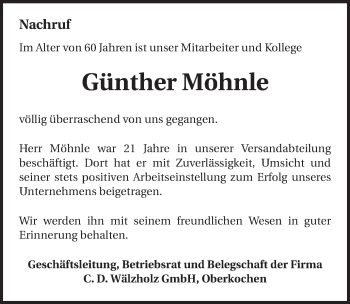 Traueranzeige von Günther Möhnle von OstalbTrauer