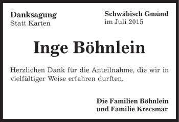 Traueranzeige von Inge Böhnlein von Gmünder Tagespost