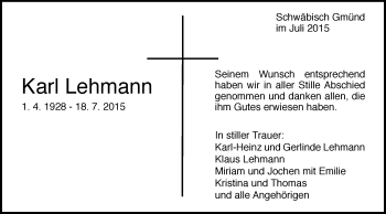 Traueranzeige von Karl Lehmann von Gmünder Tagespost