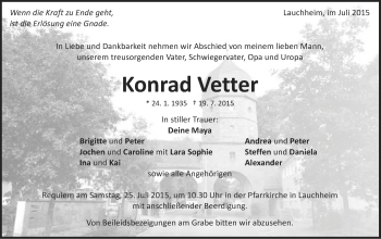 Traueranzeige von Konrad Vetter von Schwäbische Post