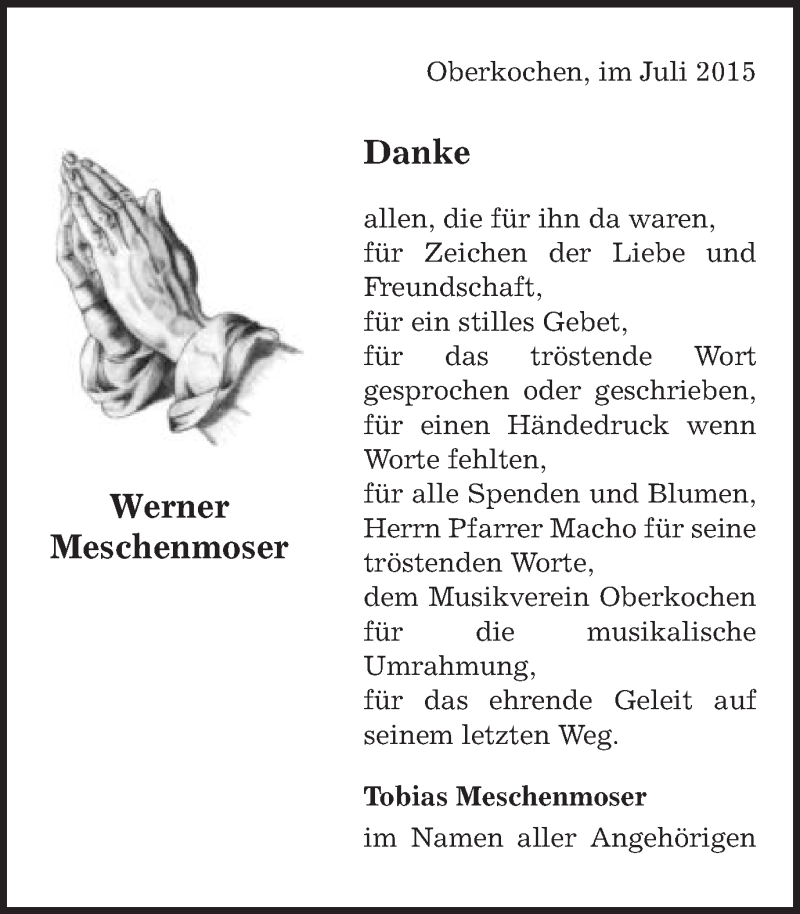  Traueranzeige für Werner Meschenmoser vom 31.07.2015 aus Schwäbische Post