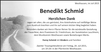 Traueranzeige von Benedikt Schmid von Schwäbische Post