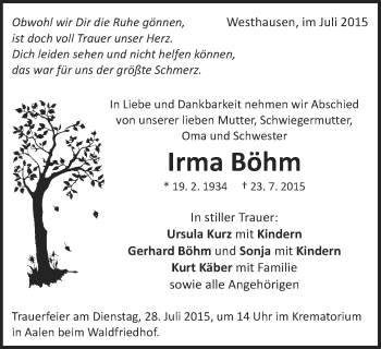 Traueranzeige von Irma Böhm von Schwäbische Post
