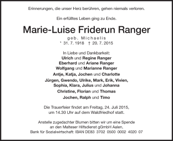 Traueranzeige von Marie-Luise Friderun Ranger von Schwäbische Post
