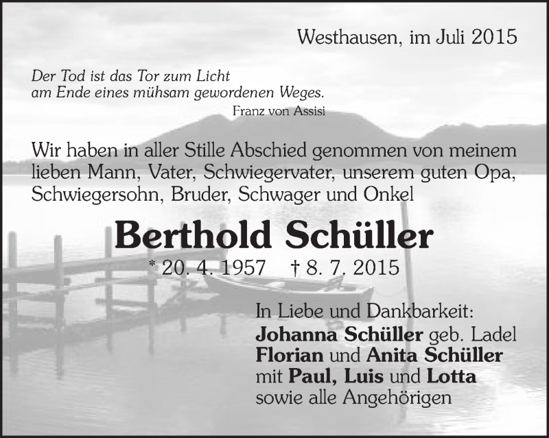  Traueranzeige für Berthold Schüller vom 16.07.2015 aus Schwäbische Post