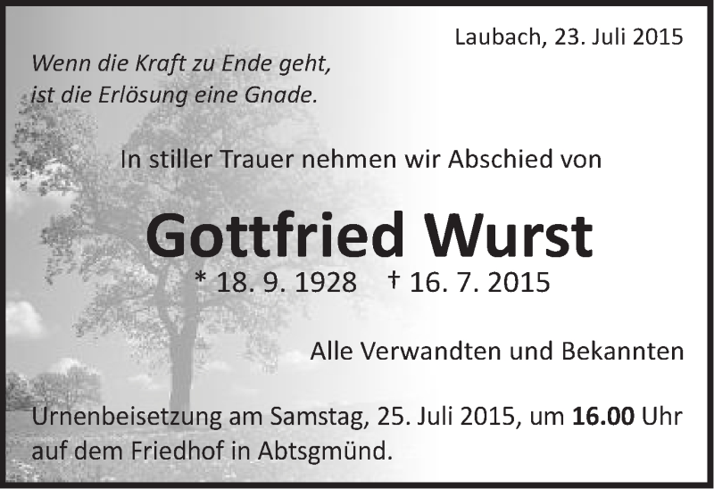  Traueranzeige für Gottfried Wurst vom 23.07.2015 aus Schwäbische Post
