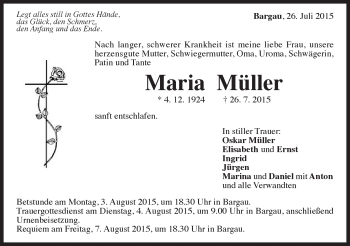 Traueranzeige von Maria Müller von Gmünder Tagespost