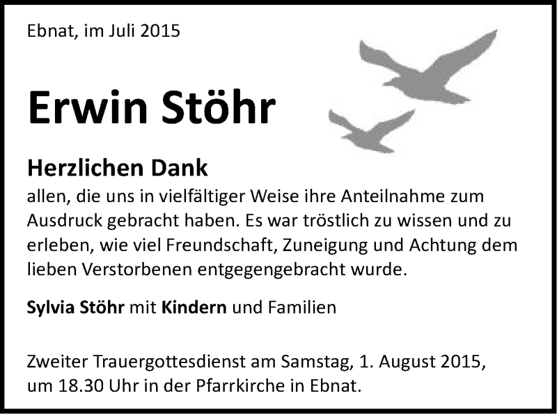  Traueranzeige für Erwin Stöhr vom 25.07.2015 aus Schwäbische Post