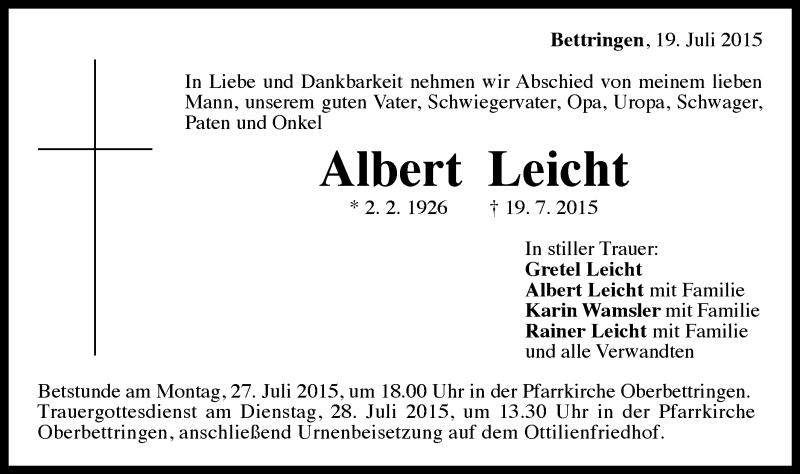  Traueranzeige für Albert Leicht vom 23.07.2015 aus Gmünder Tagespost