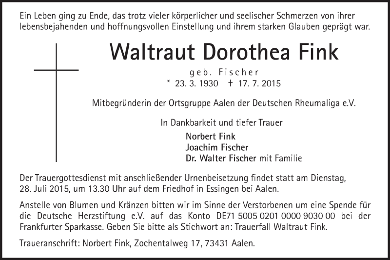  Traueranzeige für Waltraut Dorothea Fink vom 25.07.2015 aus Schwäbische Post