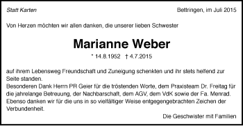 Traueranzeige von Marianne Weber von Gmünder Tagespost