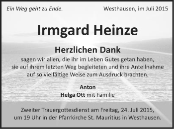 Traueranzeige von Irmgard Heinze von Schwäbische Post