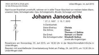 Traueranzeige von Johann Janoschek von Schwäbische Post