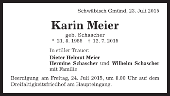 Traueranzeige von Karin Meier von Gmünder Tagespost