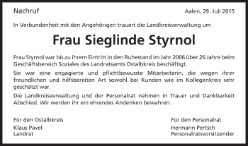 Traueranzeige von Sieglinde Styrnol von Schwäbische Post