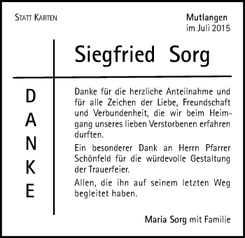 Traueranzeige von Siegfried Sorg von Gmünder Tagespost