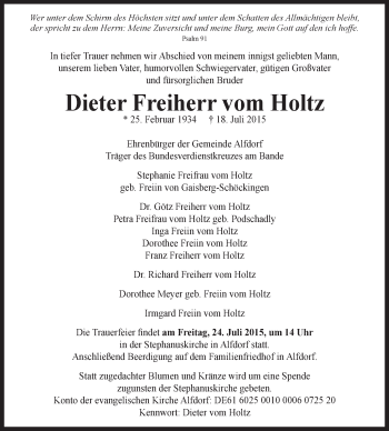 Traueranzeige von Dieter Freiherr vom Holtz von Gmünder Tagespost