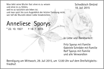 Traueranzeige von Anneliese Sporys von OstalbTrauer
