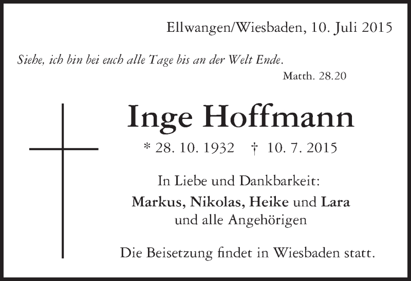  Traueranzeige für Inge Hoffmann vom 16.07.2015 aus Schwäbische Post