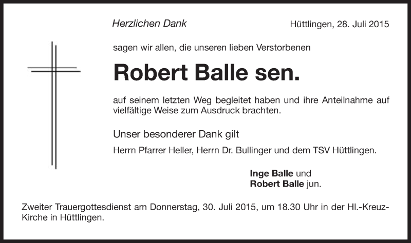  Traueranzeige für Robert Balle vom 28.07.2015 aus Schwäbische Post