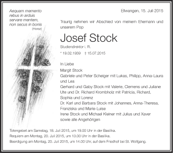 Traueranzeige von Josef Stock von Schwäbische Post