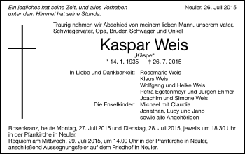 Traueranzeige von Kaspar Weis von Schwäbische Post