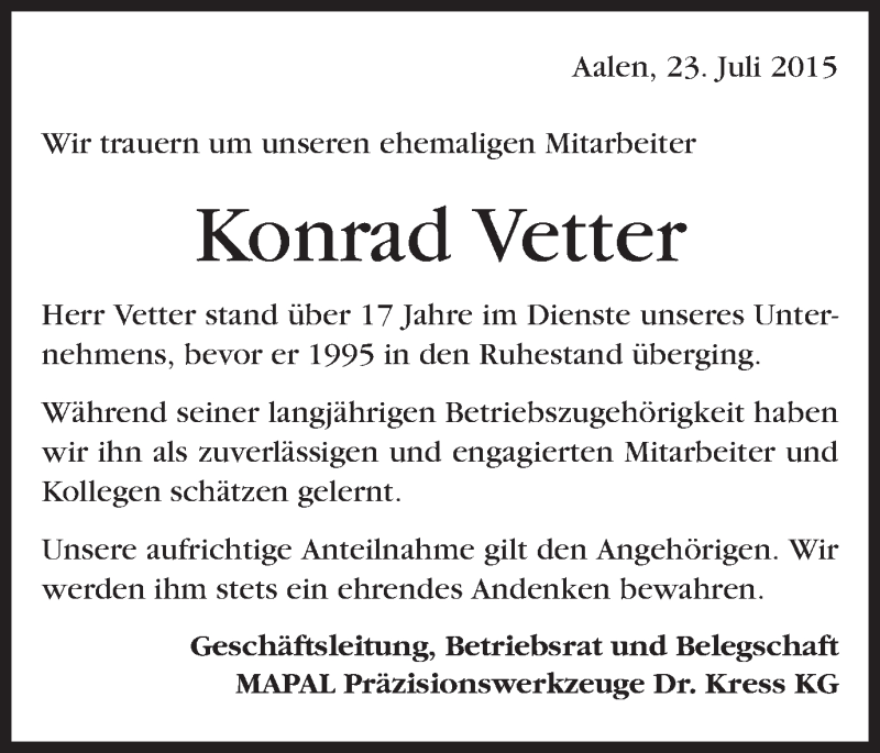  Traueranzeige für Konrad Vetter vom 23.07.2015 aus Schwäbische Post