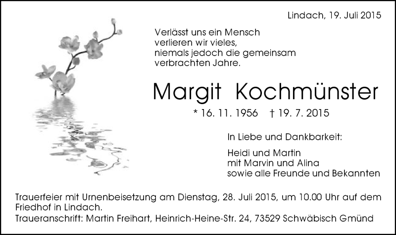  Traueranzeige für Margit Kochmünster vom 25.07.2015 aus Gmünder Tagespost