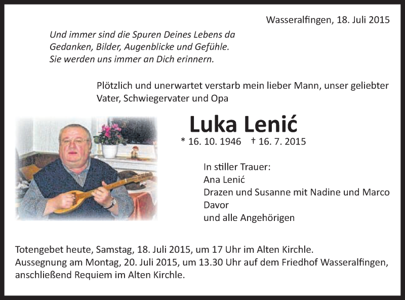  Traueranzeige für Luka Lenic vom 18.07.2015 aus Schwäbische Post