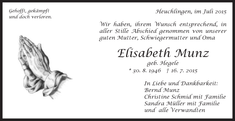  Traueranzeige für Elisabeth Munz vom 27.07.2015 aus Gmünder Tagespost