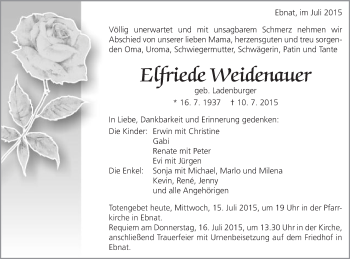 Traueranzeige von Elfriede Weidenauer von Schwäbische Post