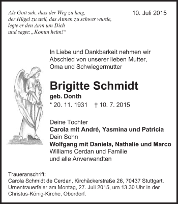 Traueranzeige von Brigitte Schmidt von Schwäbische Post