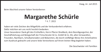 Traueranzeige von Margarethe Schürle von Schwäbische Post