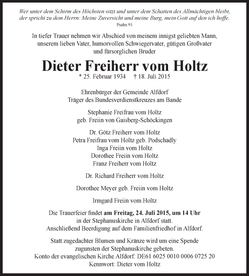  Traueranzeige für Dieter Freiherr vom Holtz vom 21.07.2015 aus Gmünder Tagespost