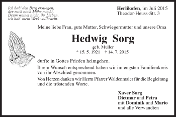 Traueranzeige von Hedwig Sorg von Gmünder Tagespost