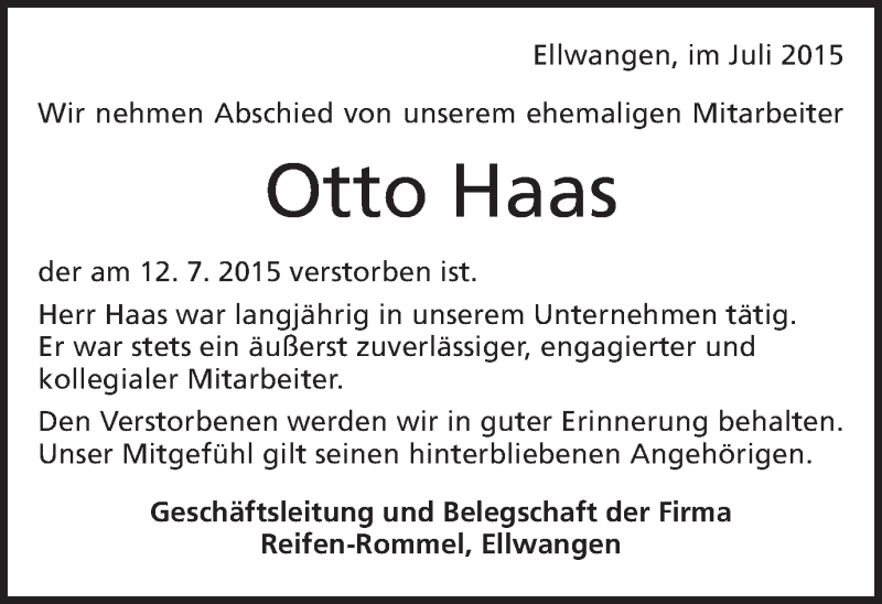  Traueranzeige für Otto Haas vom 15.07.2015 aus Schwäbische Post