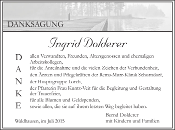 Traueranzeige von Ingrid Dolderer von Gmünder Tagespost