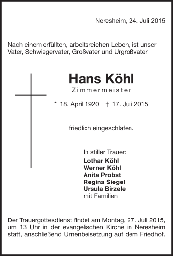 Traueranzeige von Hans Köhl von OstalbTrauer