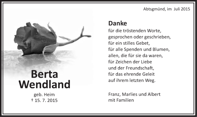  Traueranzeige für Berta Wendland vom 30.07.2015 aus Schwäbische Post