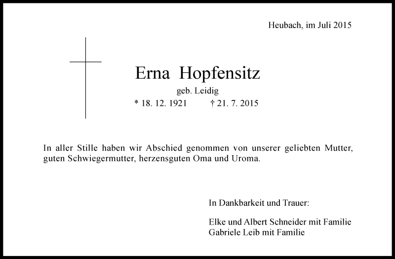  Traueranzeige für Erna Hopfensitz vom 28.07.2015 aus Gmünder Tagespost