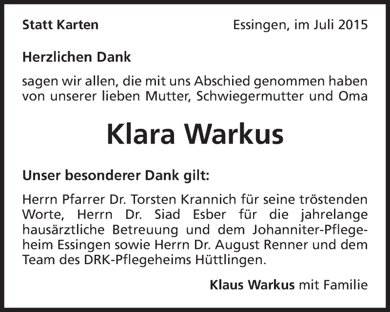  Traueranzeige für Klara Warkus vom 15.07.2015 aus Schwäbische Post