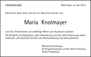 Traueranzeige von Maria Knolmayer von Gmünder Tagespost