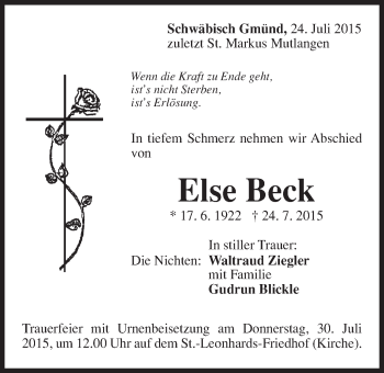 Traueranzeige von Else Beck von Gmünder Tagespost