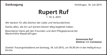 Traueranzeige von Rupert Ruf  von Schwäbische Post