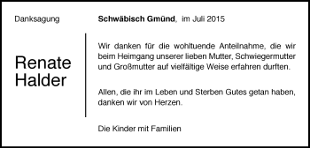 Traueranzeige von Renate Halder von Gmünder Tagespost