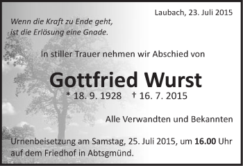 Traueranzeige von Gottfried Wurst von Schwäbische Post