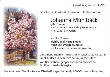 Traueranzeige von Johanna Mühlbäck von Schwäbische Post
