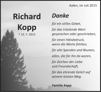 Traueranzeige von Richard Kopp von Schwäbische Post