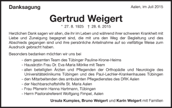 Traueranzeige von Gertrud Weigert von Schwäbische Post