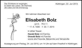 Traueranzeige von Elisabeth Bolz von Schwäbische Post